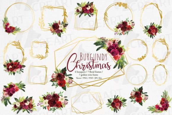 Burgundy Floral Gold Frames and Bouquets Print Templates for Real Crafters