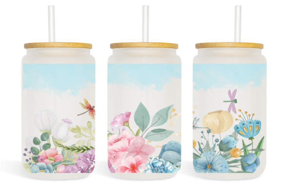 Watercolor Flowers 16oz Glass Can Wrap Print Templates